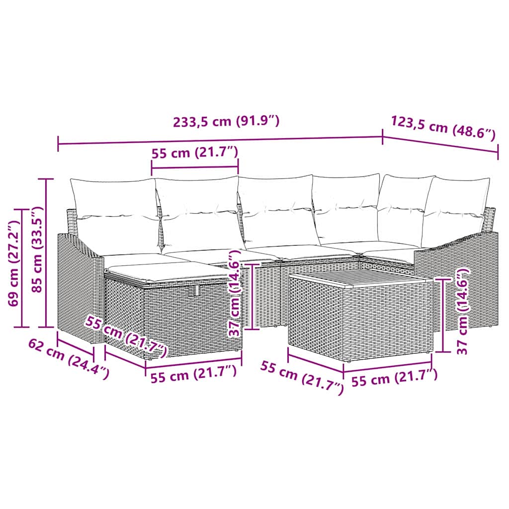 Garten-Sofa-Set mit Kissen 7 pcs Schwarz Poly Rattan
