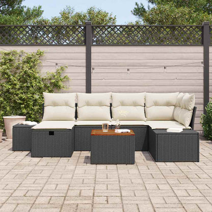 Garten-Sofa-Set mit Kissen 7 pcs Schwarz Poly Rattan