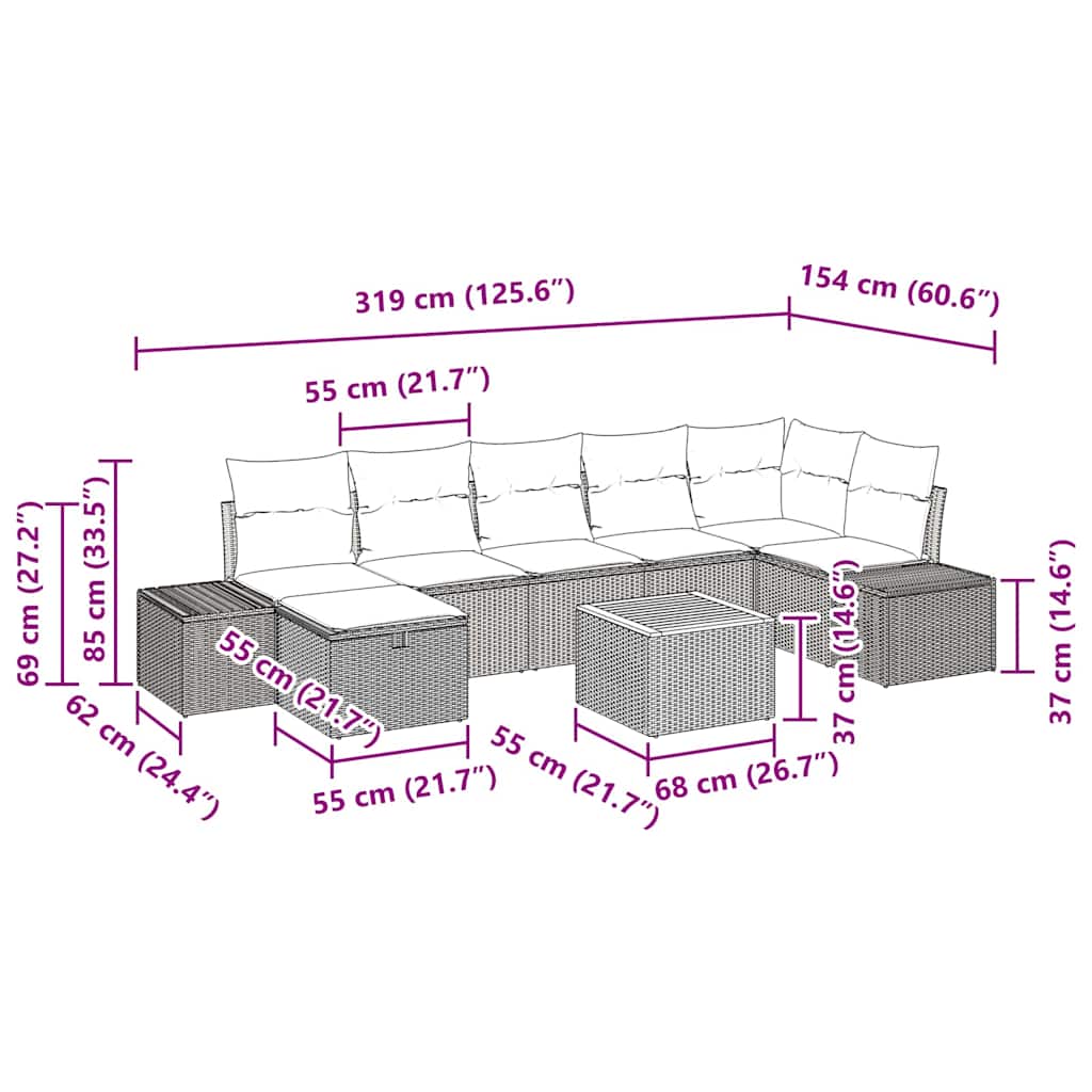 Garten-Sofa-Set mit Kissen 8 pcs Schwarz Poly Rattan