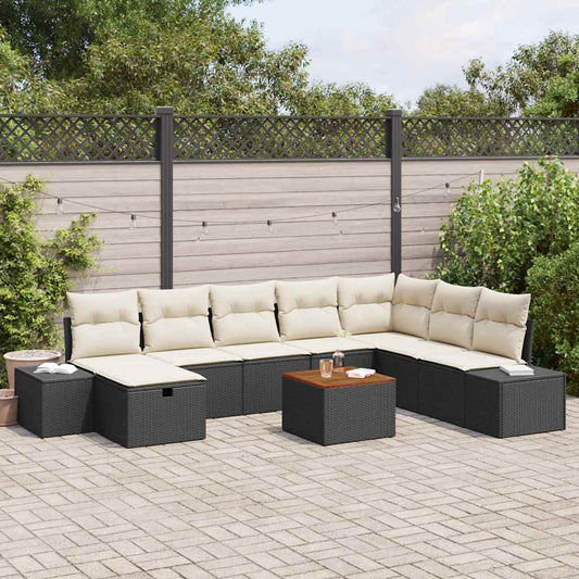 Garten-Sofa-Set mit Kissen 9 pcs Schwarz Poly Rattan