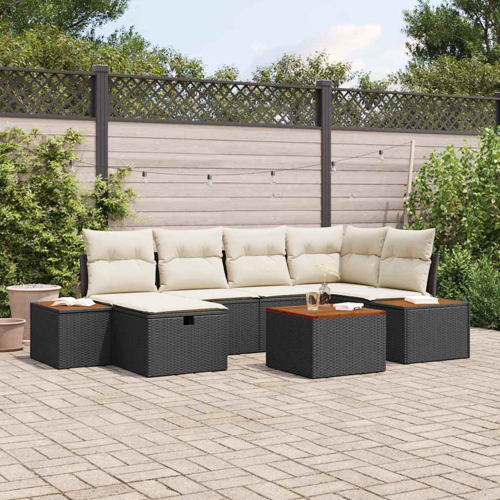 Garten-Sofa-Set mit Kissen 7 pcs Schwarz Poly-Rattan