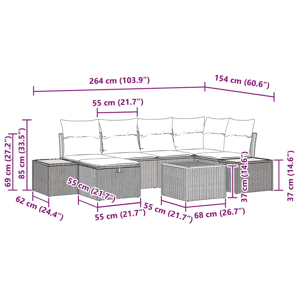 Garten-Sofa-Set mit Kissen 7 pcs Schwarz Poly-Rattan