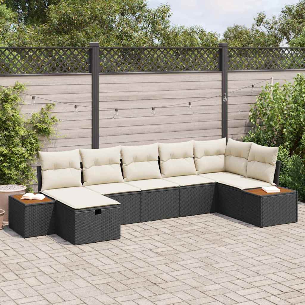 Garten-Sofa-Set mit Kissen mit Speicher Schwarz Poly-Rattan