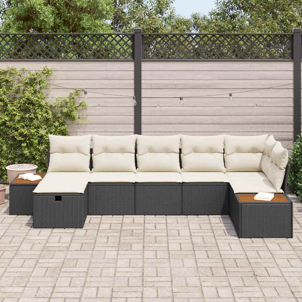 Garten-Sofa-Set mit Kissen mit Speicher Schwarz Poly-Rattan