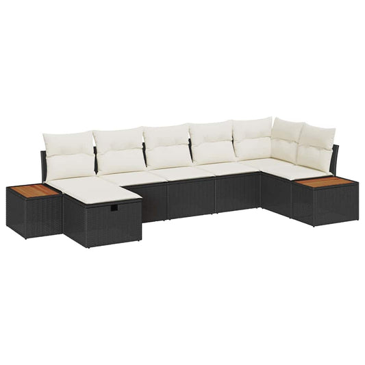 Garten-Sofa-Set mit Kissen mit Speicher Schwarz Poly-Rattan