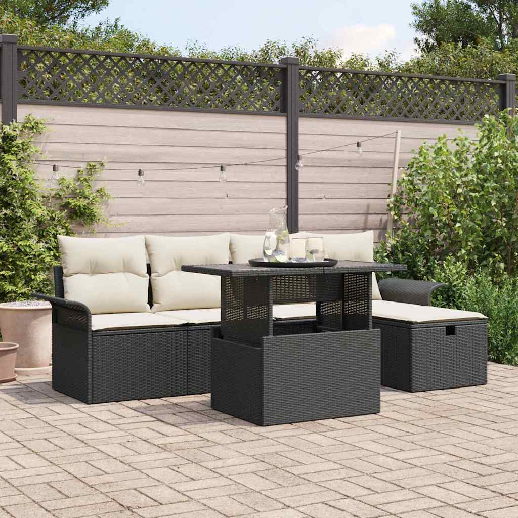 Garten-Sofa-Set mit Kissen 6 pcs Schwarz Poly Rattan
