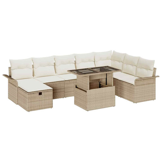 Garten-Sofa-Set mit Kissen mit Speicher 9 pcs Beige Poly Rattan