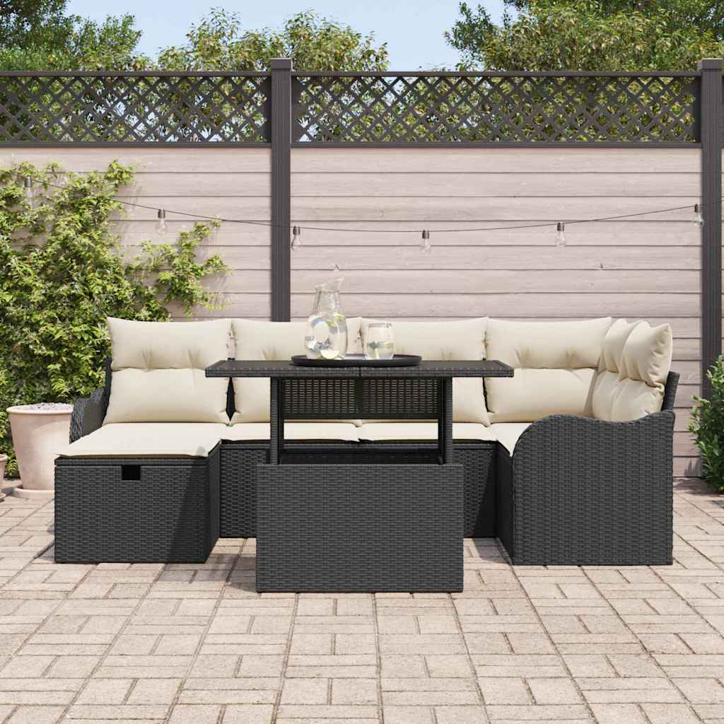 Garten-Sofa-Set mit Kissen 7 pcs Schwarz Poly Rattan
