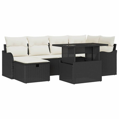Garten-Sofa-Set mit Kissen 7 pcs Schwarz Poly Rattan