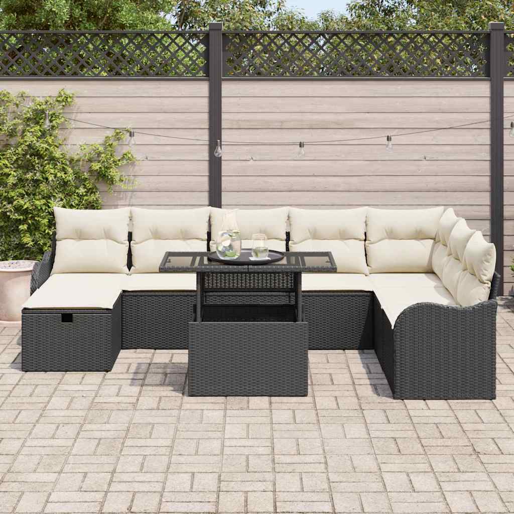 Garten-Sofa-Set mit Kissen 9 pcs Schwarz Poly Rattan