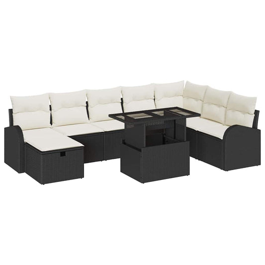 Garten-Sofa-Set mit Kissen 9 pcs Schwarz Poly Rattan