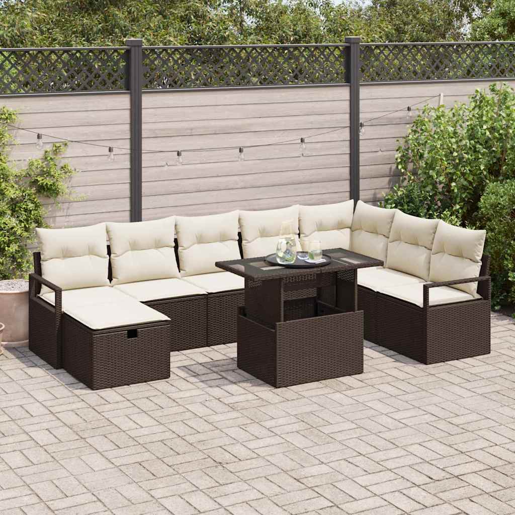 Garten-Sofa-Set mit Kissen mit Speicher 9 pcs Braun Poly Rattan