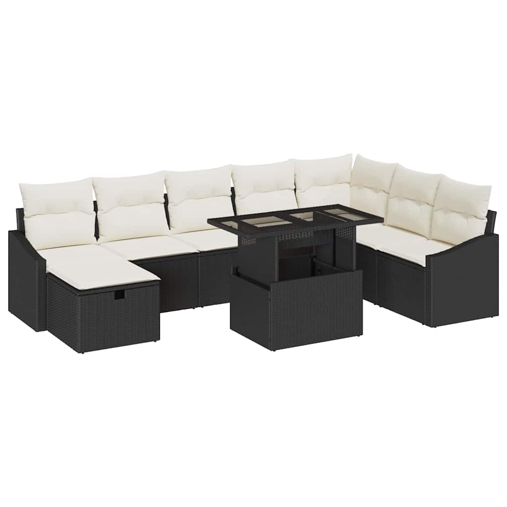 Garten-Sofa-Set mit Kissen 9 pcs Schwarz Poly Rattan