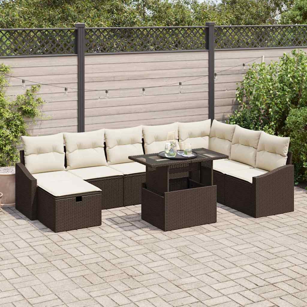 Garten-Sofa-Set mit Kissen mit Speicher 9 pcs Braun Poly Rattan