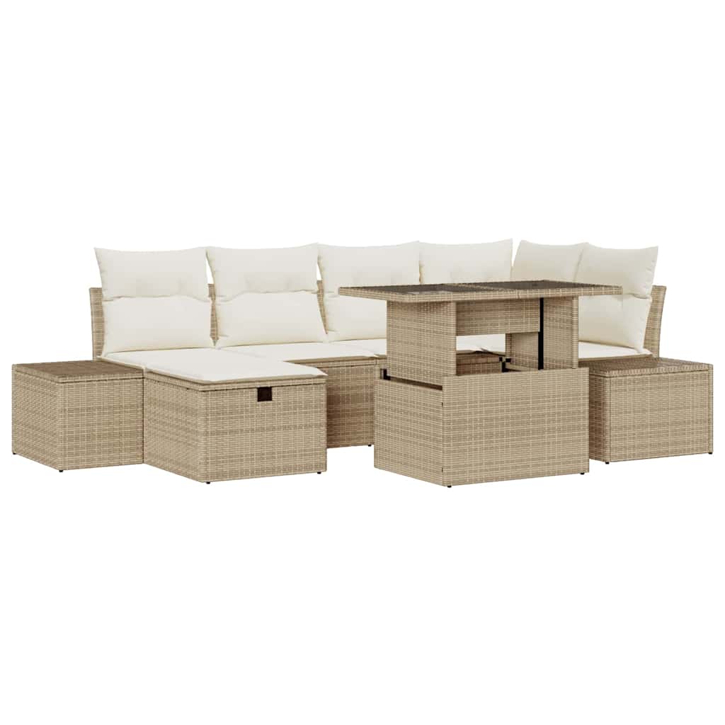 Garten-Sofa-Set mit Kissen mit Speicher 7 pcs Beige Poly Rattan