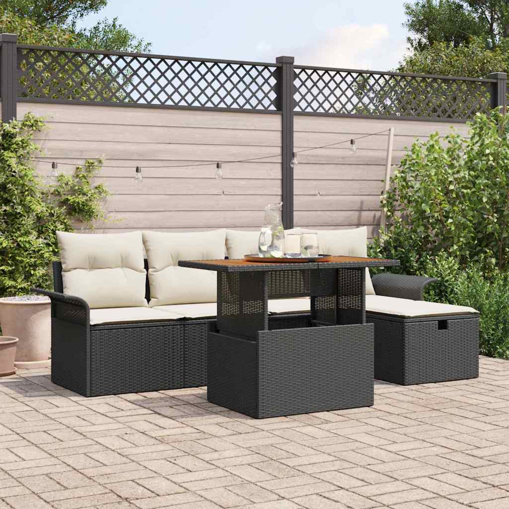 Garten-Sofa-Set mit Kissen 6 pcs Schwarz Poly Rattan