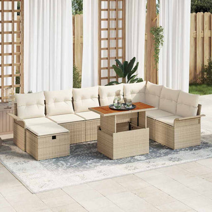 Garten-Sofa-Set mit Kissen mit Speicher 9 pcs Beige Poly Rattan