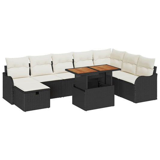 Garten-Sofa-Set mit Kissen 9 pcs Schwarz Poly Rattan