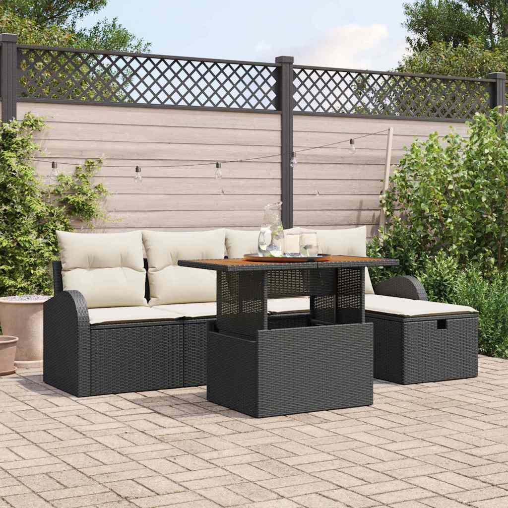 Garten-Sofa-Set mit Kissen 6 pcs Schwarz Poly Rattan