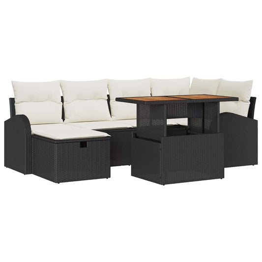 Garten-Sofa-Set mit Kissen 7 pcs Schwarz Poly Rattan