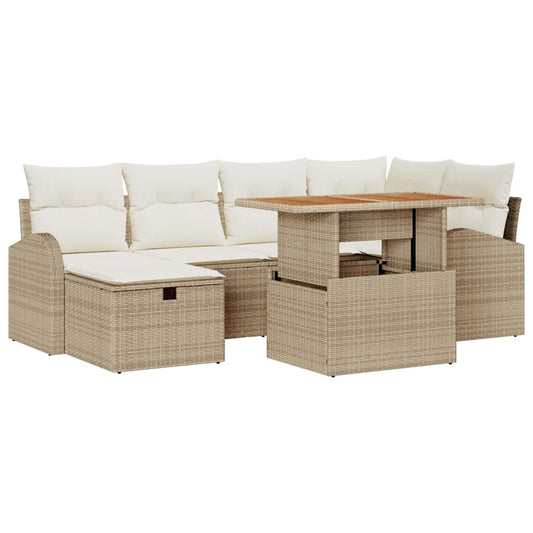 Garten-Sofa-Set mit Kissen mit Speicher 7 pcs Beige Poly Rattan
