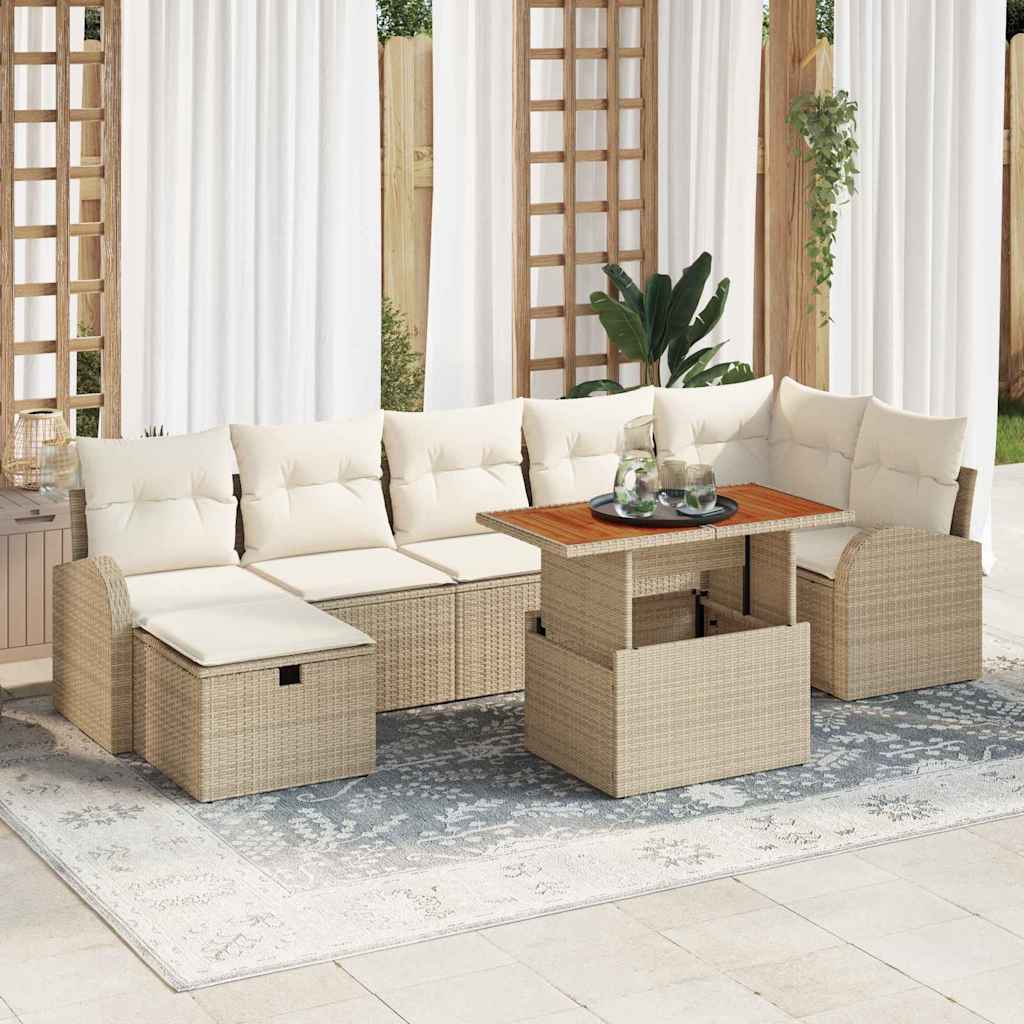 Garten-Sofa-Set mit Kissen mit Speicher 8 pcs Beige Poly Rattan