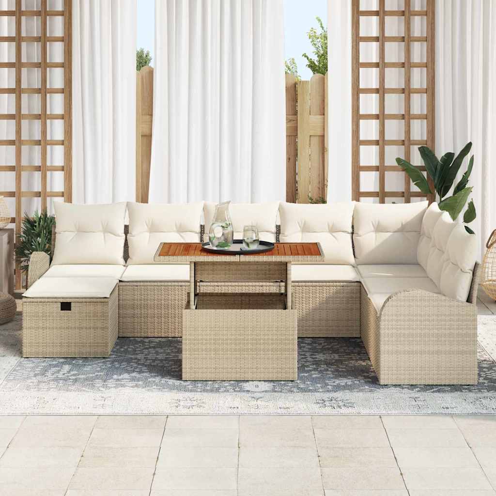 Garten-Sofa-Set mit Kissen mit Speicher 9 pcs Beige Poly Rattan