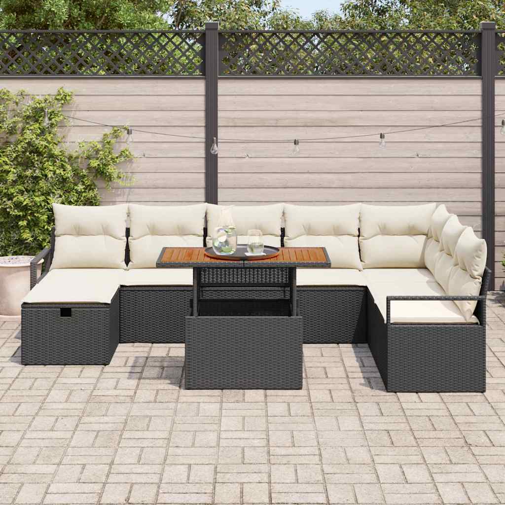 Garten-Sofa-Set mit Kissen 9 pcs Schwarz Poly Rattan