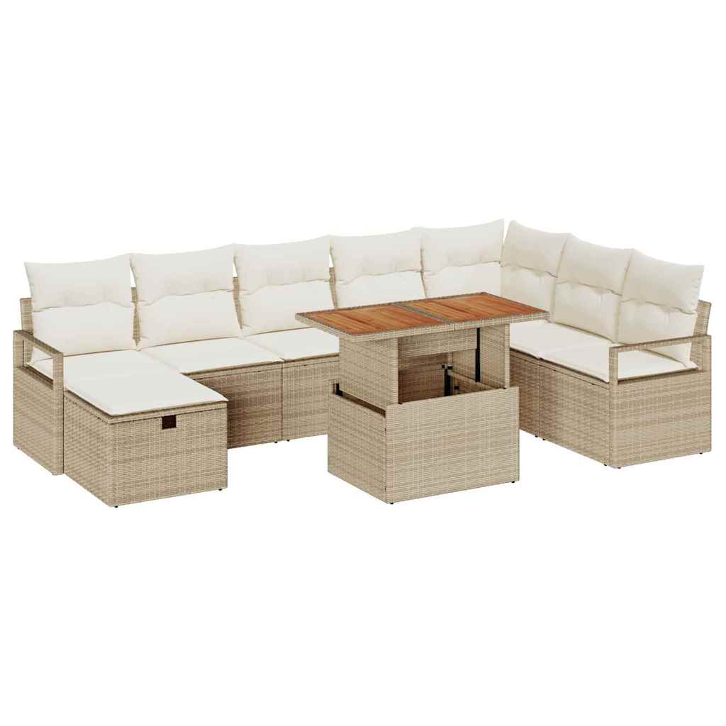 Garten-Sofa-Set mit Kissen mit Speicher 9 pcs Beige Poly Rattan