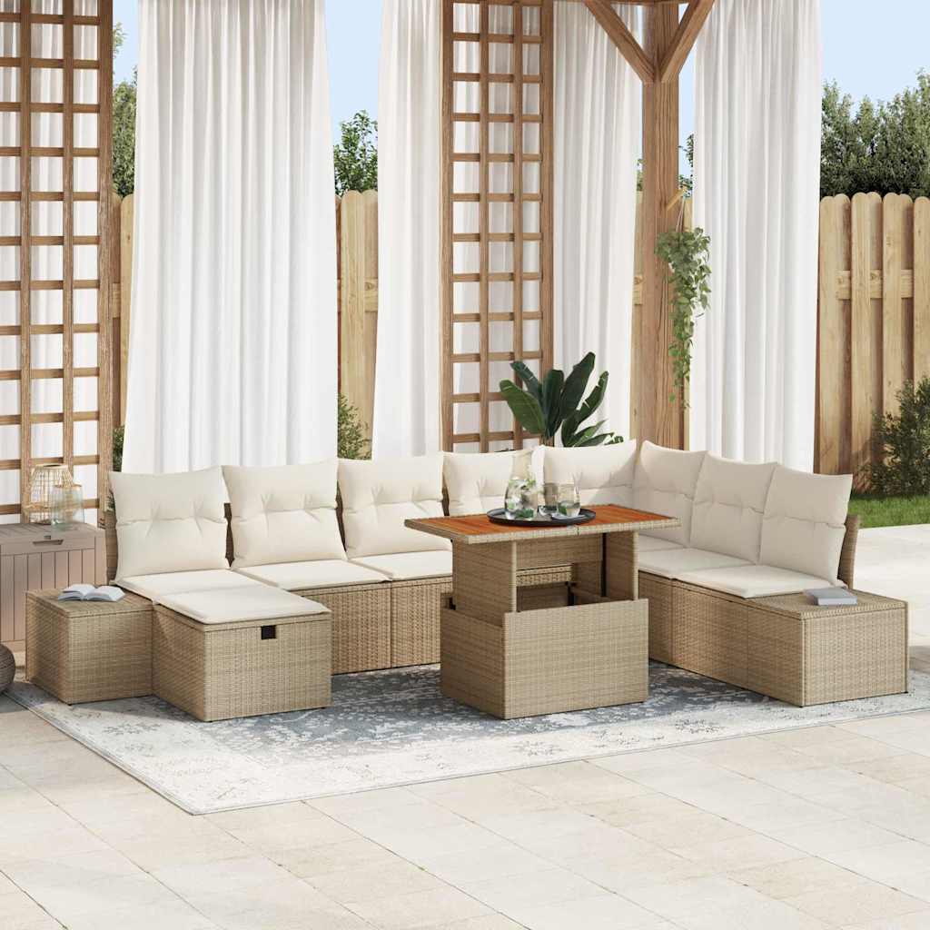 Garten-Sofa-Set mit Kissen mit Speicher 9 pcs Beige Poly Rattan