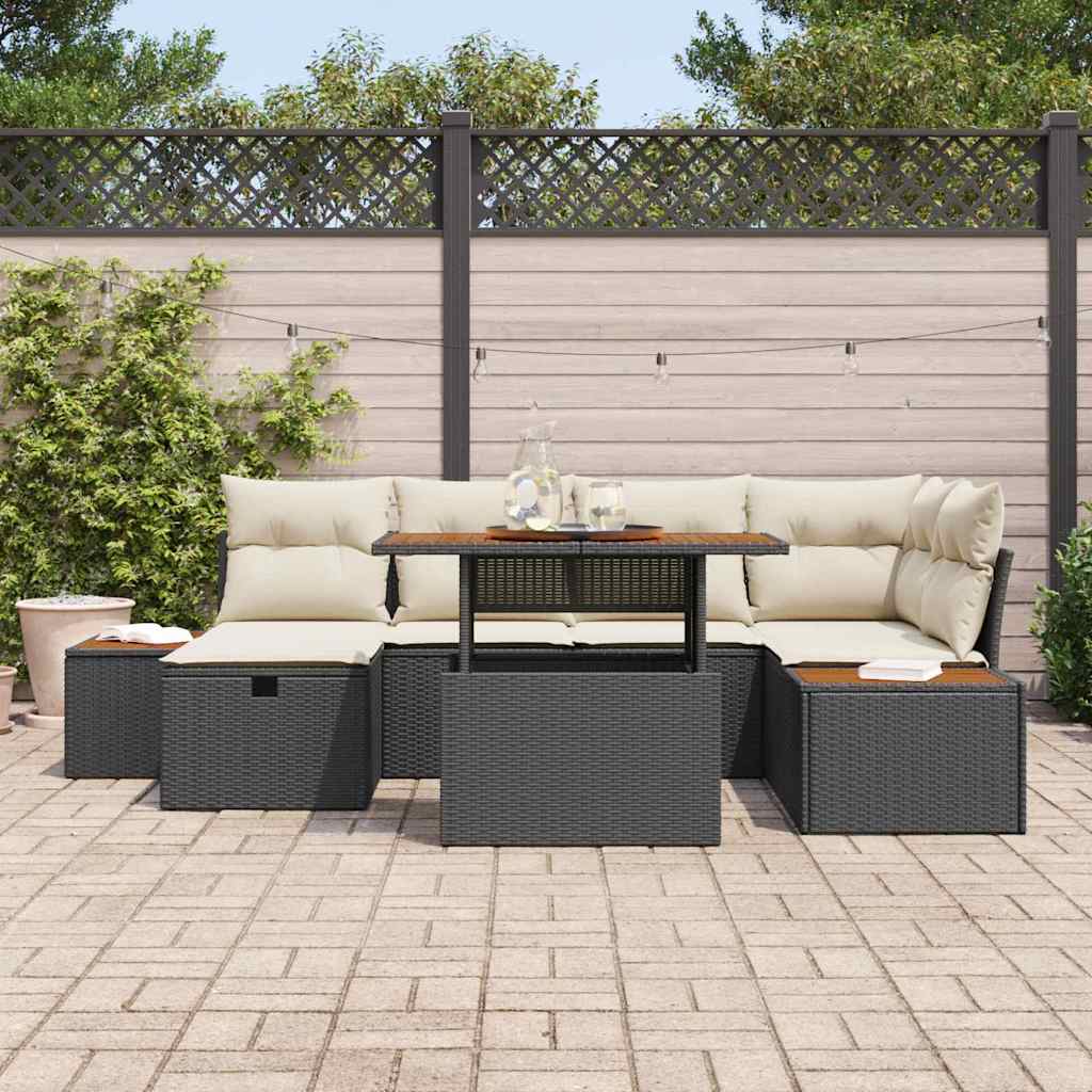 Garten-Sofa-Set mit Kissen 7 pcs Schwarz Poly Rattan