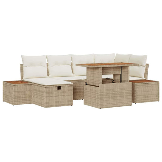 Garten-Sofa-Set mit Kissen mit Speicher 7 pcs Beige Poly Rattan