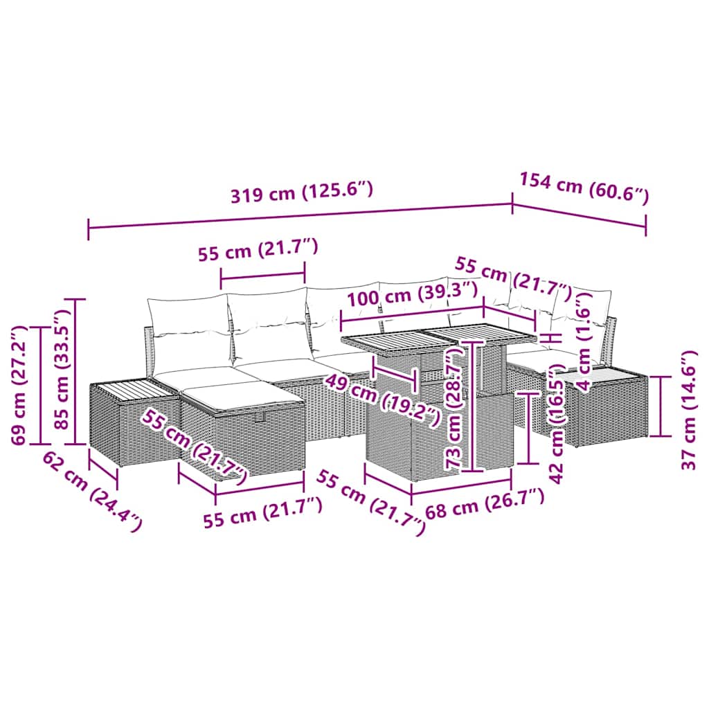 Garten-Sofa-Set mit Kissen mit Speicher 8 pcs Beige Poly Rattan