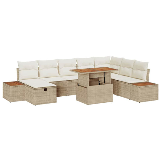 Garten-Sofa-Set mit Kissen mit Speicher 9 pcs Beige Poly Rattan