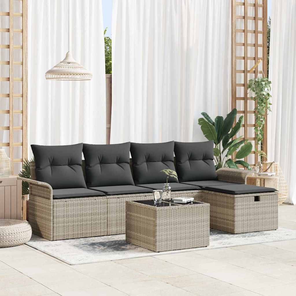 Garten-Sofa-Set mit Kissen 6 pcs Hellgrau Poly Rattan