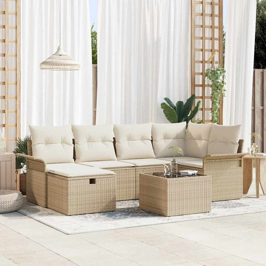 Garten-Sofa-Set mit Kissen mit Speicher 7 pcs Beige Poly Rattan