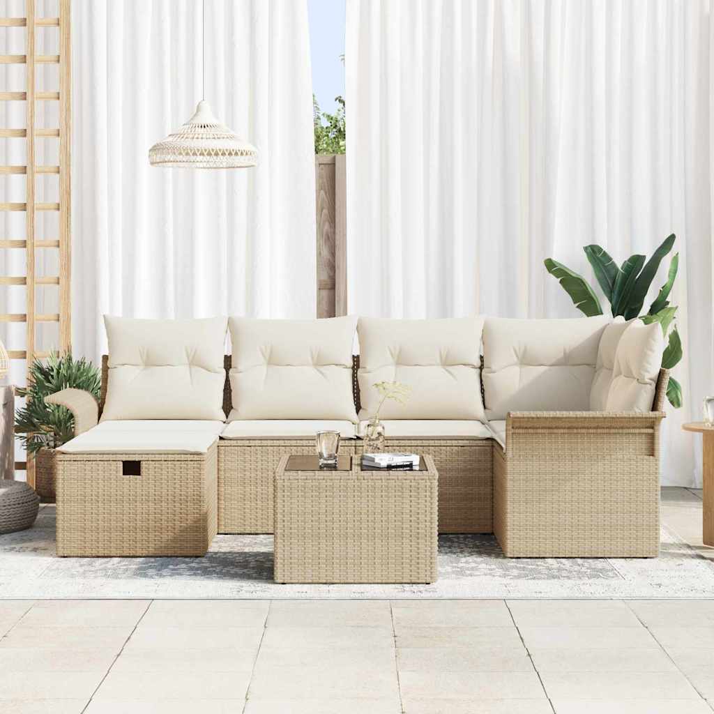 Garten-Sofa-Set mit Kissen mit Speicher 7 pcs Beige Poly Rattan