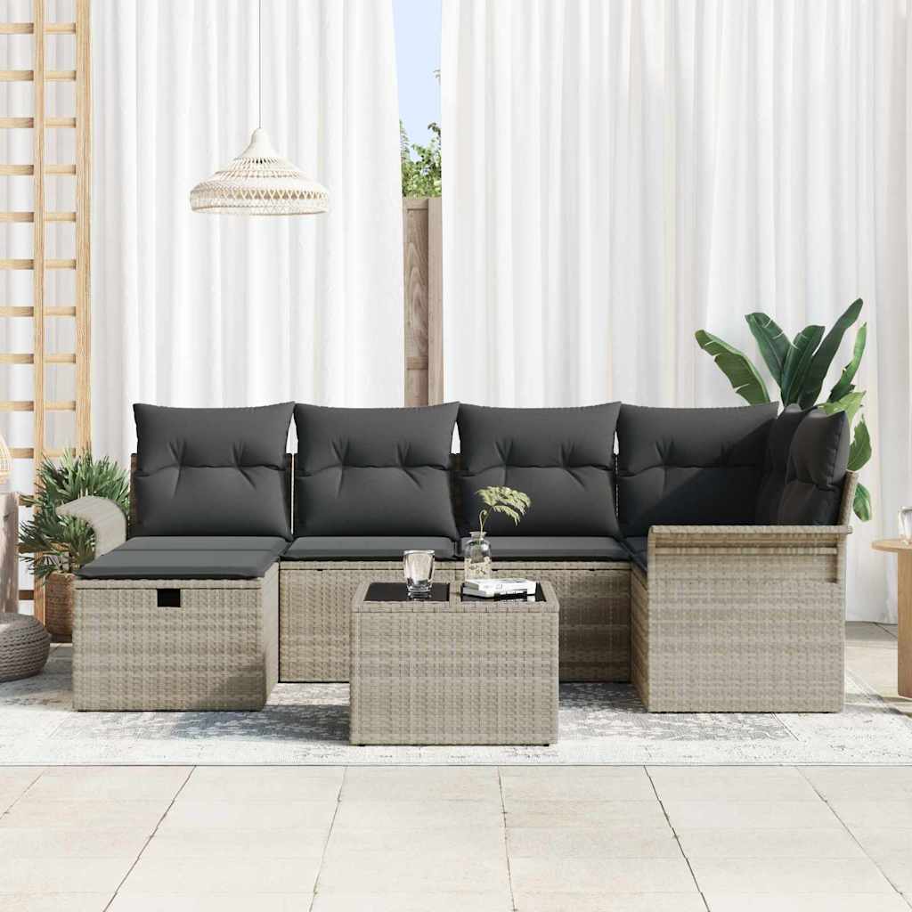 Garten-Sofa-Set mit Kissen 7 pcs Hellgrau Poly Rattan