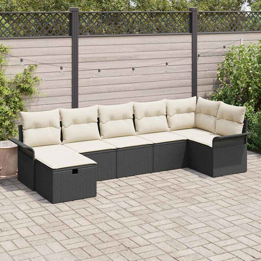 Garten-Sofa-Set mit Kissen 7 pcs Schwarz Poly Rattan