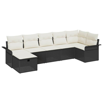 Garten-Sofa-Set mit Kissen 7 pcs Schwarz Poly Rattan
