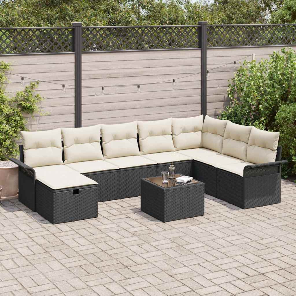 Garten-Sofa-Set mit Kissen 9 pcs Schwarz Poly Rattan