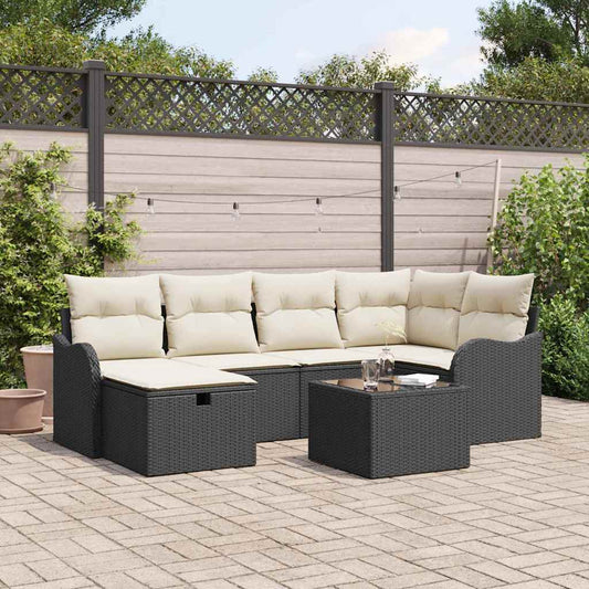 Garten-Sofa-Set mit Kissen 7 pcs Schwarz Poly Rattan
