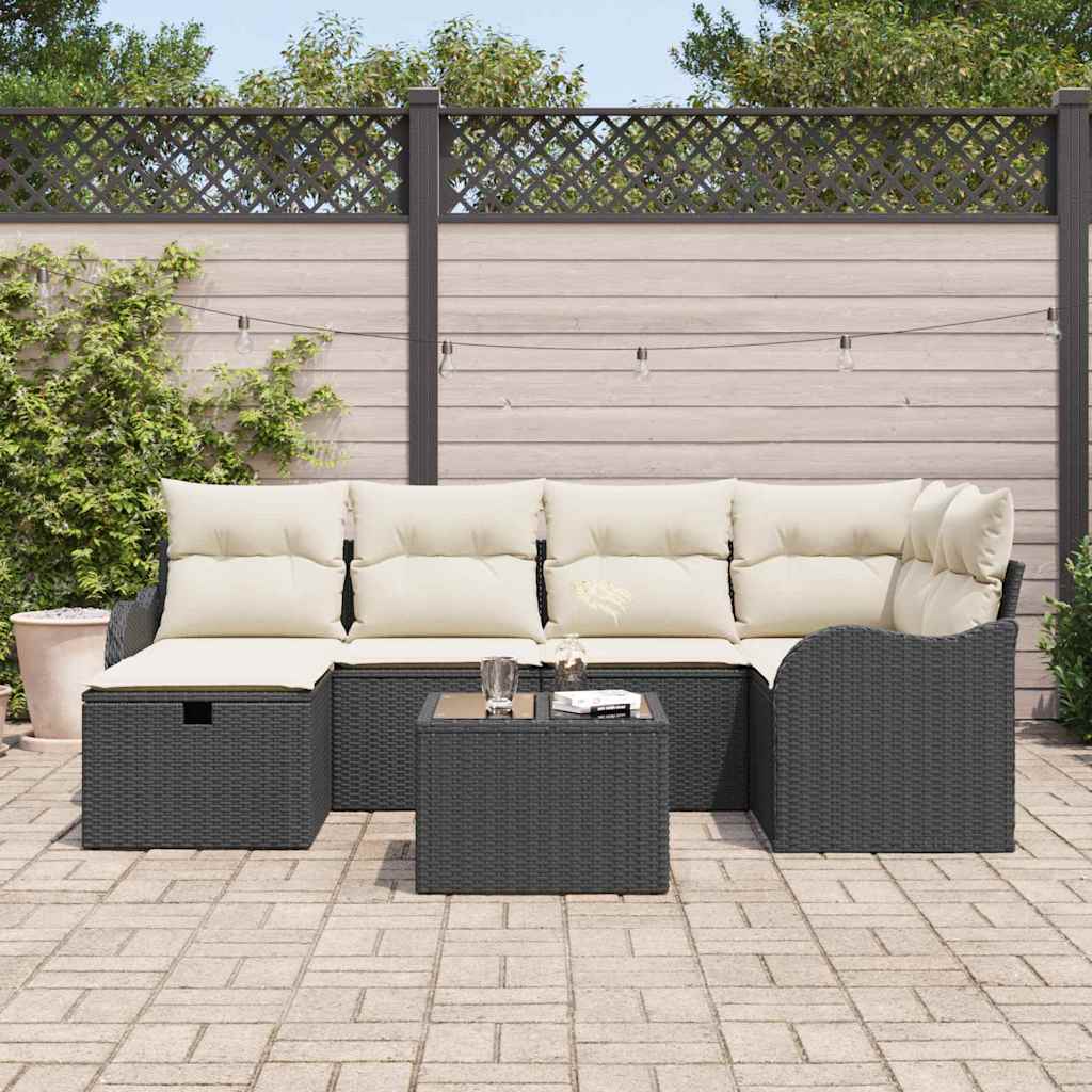 Garten-Sofa-Set mit Kissen 7 pcs Schwarz Poly Rattan