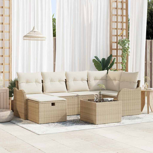 Garten-Sofa-Set mit Kissen mit Speicher 7 pcs Beige Poly Rattan