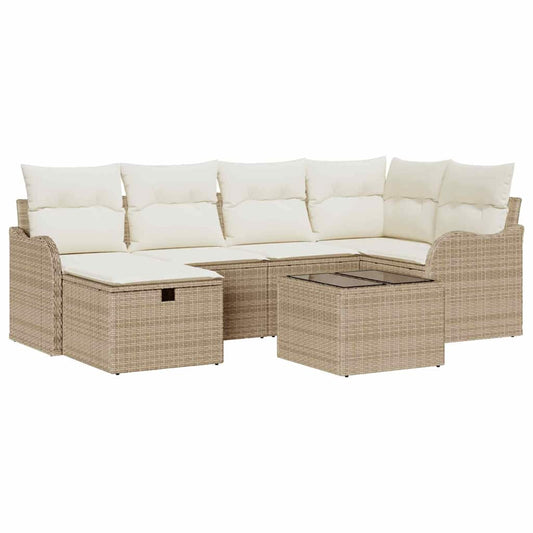 Garten-Sofa-Set mit Kissen mit Speicher 7 pcs Beige Poly Rattan