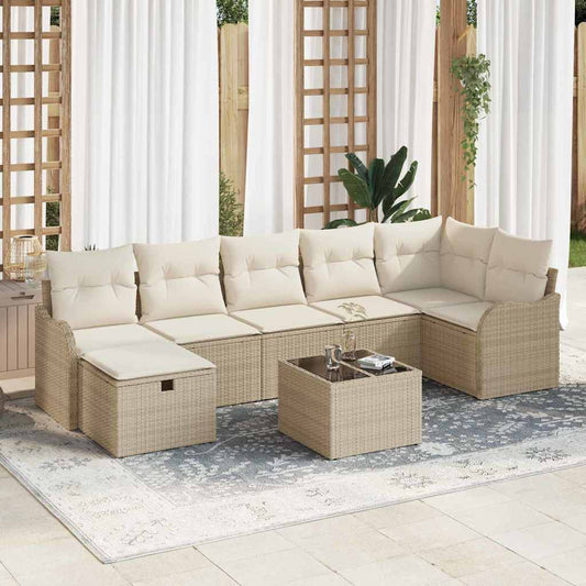 Garten-Sofa-Set mit Kissen mit Speicher 8 pcs Beige Poly Rattan