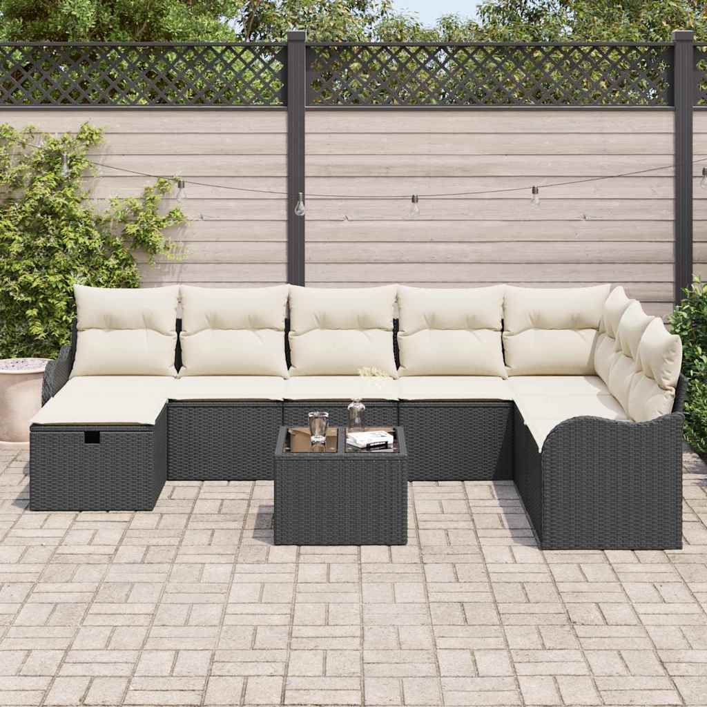Garten-Sofa-Set mit Kissen 9 pcs Schwarz Poly Rattan