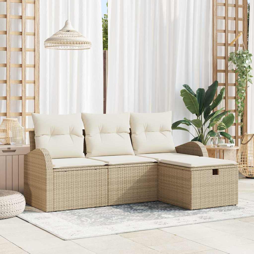 Garten-Sofa-Set mit Kissen mit Speicher 4 pcs Beige Poly Rattan