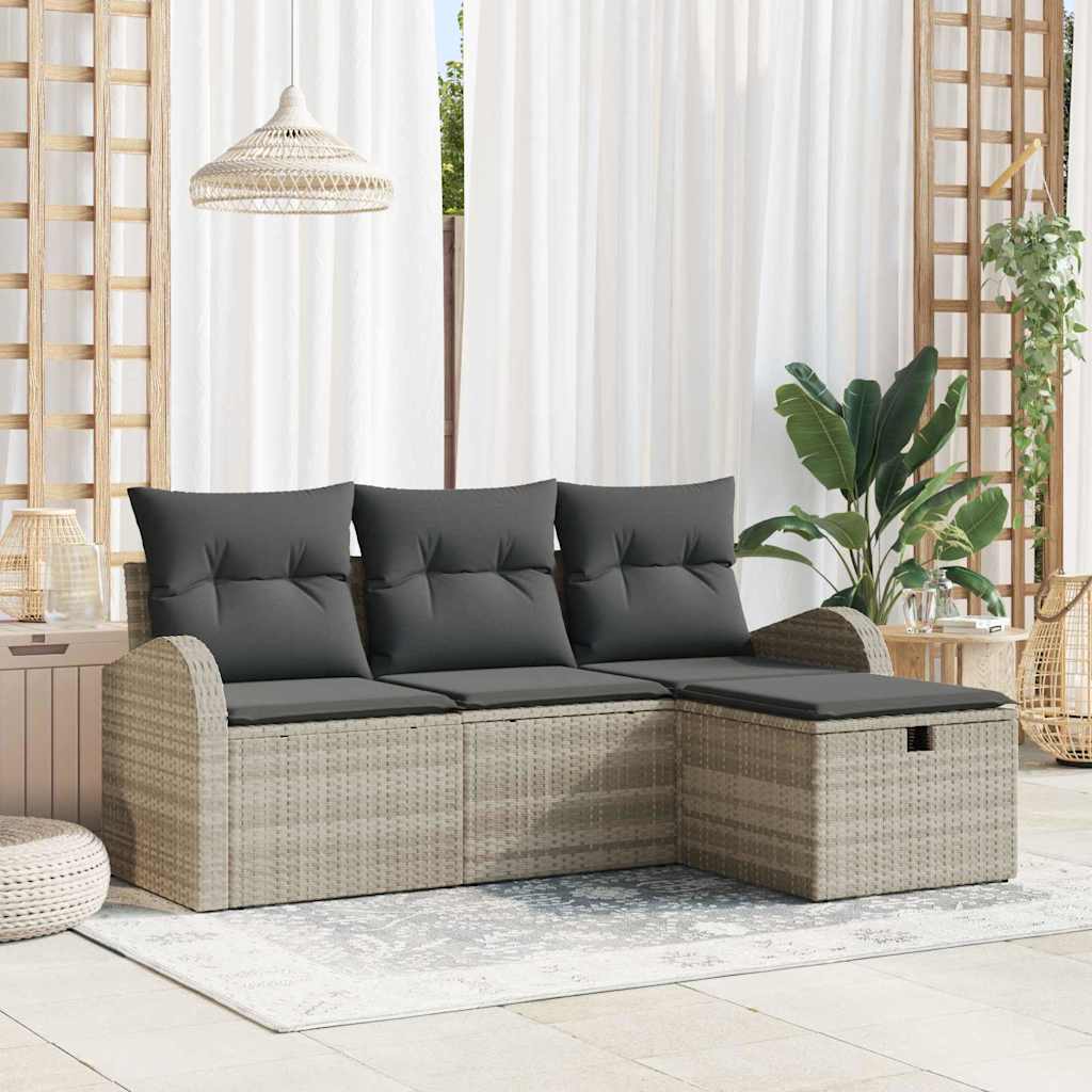 Garten-Sofa-Set mit Kissen 4 pcs Hellgrau Poly Rattan