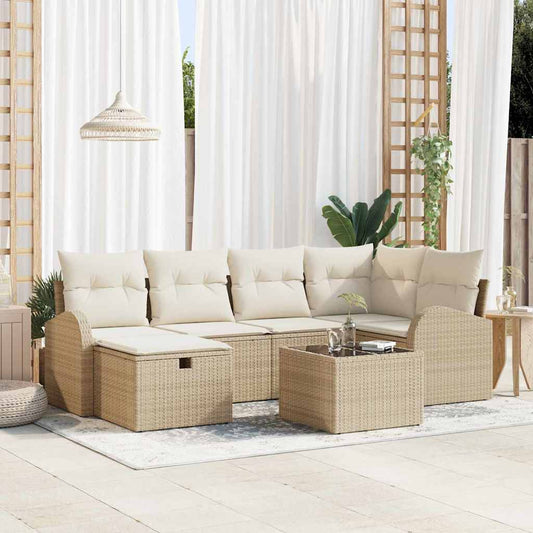 Garten-Sofa-Set mit Kissen mit Speicher 7 pcs Beige Poly Rattan